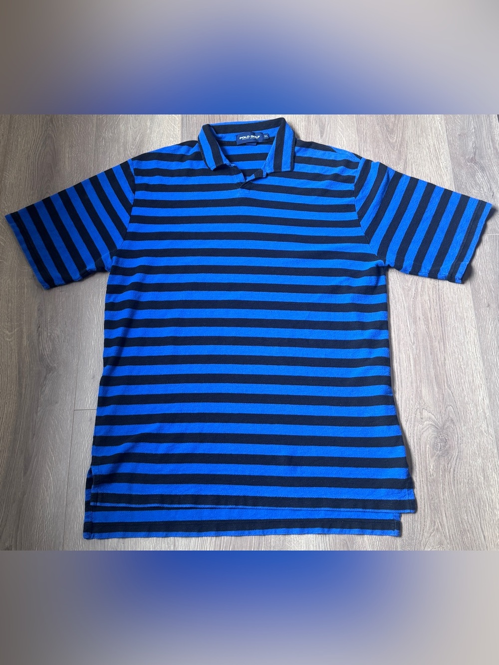 VTG Polo Golf Ralph Lauren Blue Black Striped Knit Polo Shirt Cotton Linen XL